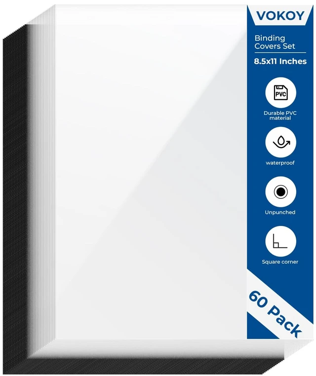 Main image of 60 Pack 8.5x11 Inches Binding Covers and Backs Set, Letter Size Quality Un-Punched Report Covers, 30 Pcs 10mil Clear Binding Covers 30 Pcs 12mil Black Plastic Covers for Home Office