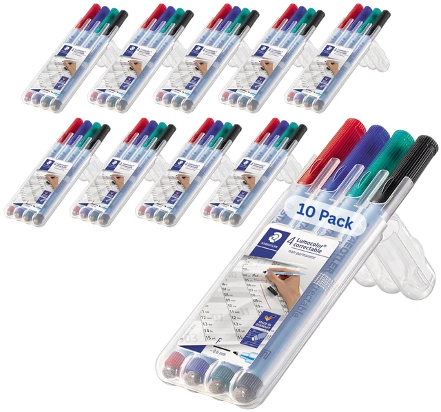 Main image of Lumocolor Correctable 305 M Non-Permanent Markers, 10-Pack Medium 1.0mm Tip Dry-Erase Pens with Integrated Felt Eraser, Smudge-Free, Correctable Film - Colors