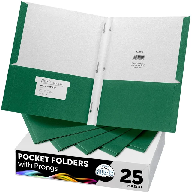 Main image of Two-Pocket Folders with 3-Prong Fasteners, Green Color, 25-Pack, Durable Textured Paper, Matte Finish, Letter Sheet Size (EZ-92560)