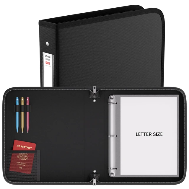 Alt view image 6 of 6 - Fireproof 3 Ring Binder with Zipper, 1" D Rings Holds 245 Sheets Fits Letter Size,Compatible with Clear Page Protectors,Built-in Net Pouch Pen Holder,Portable Safe Storage,1 Pack,Black