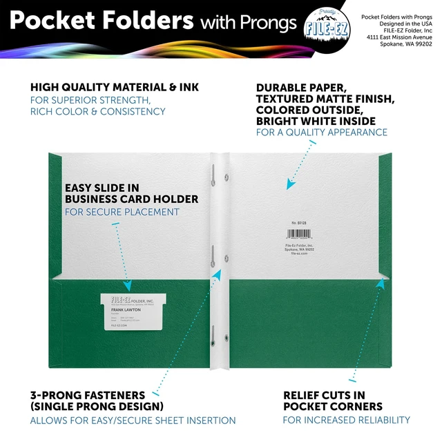 Alt view image 2 of 7 - Two-Pocket Folders with 3-Prong Fasteners, Green Color, 25-Pack, Durable Textured Paper, Matte Finish, Letter Sheet Size (EZ-92560)