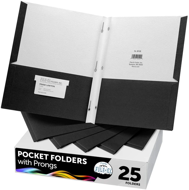 Main image of Two-Pocket Folders with 3-Prong Fasteners, Black Color, 25-Pack, Durable Textured Paper, Matte Finish, Letter Sheet Size (EZ-92505)