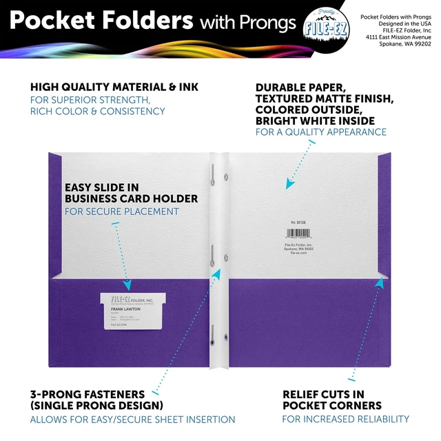 Alt view image 2 of 7 - Two-Pocket Folders with 3-Prong Fasteners, Purple Color, 25-Pack, Durable Textured Paper, Matte Finish, Letter Sheet Size (EZ-92545)