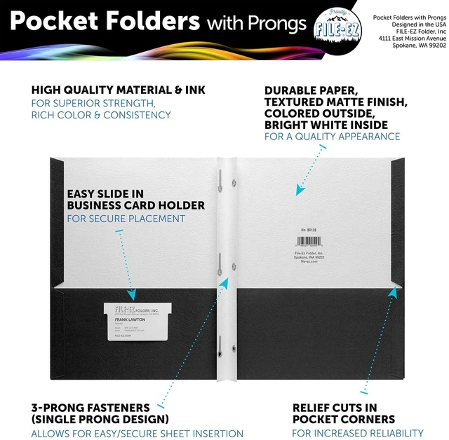 Alt view image 2 of 7 - Two-Pocket Folders with 3-Prong Fasteners, Black Color, 25-Pack, Durable Textured Paper, Matte Finish, Letter Sheet Size (EZ-92505)