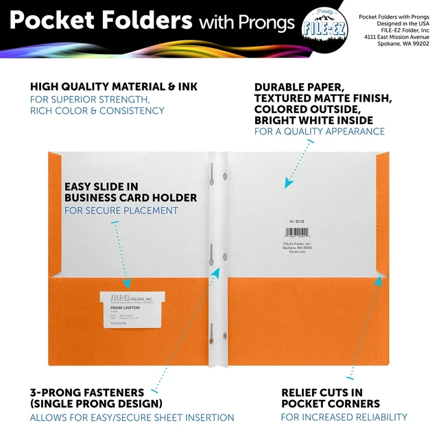 Alt view image 2 of 7 - Two-Pocket Folders with 3-Prong Fasteners, Orange Color, 25-Pack, Durable Textured Paper, Matte Finish, Letter Sheet Size (EZ-92565)