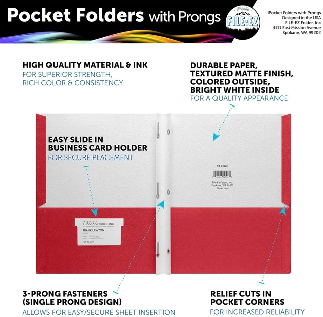Alt view image 2 of 7 - Two-Pocket Folders with 3-Prong Fasteners, Red Color, 25-Pack, Durable Textured Paper, Matte Finish, Letter Sheet Size (EZ-92558)