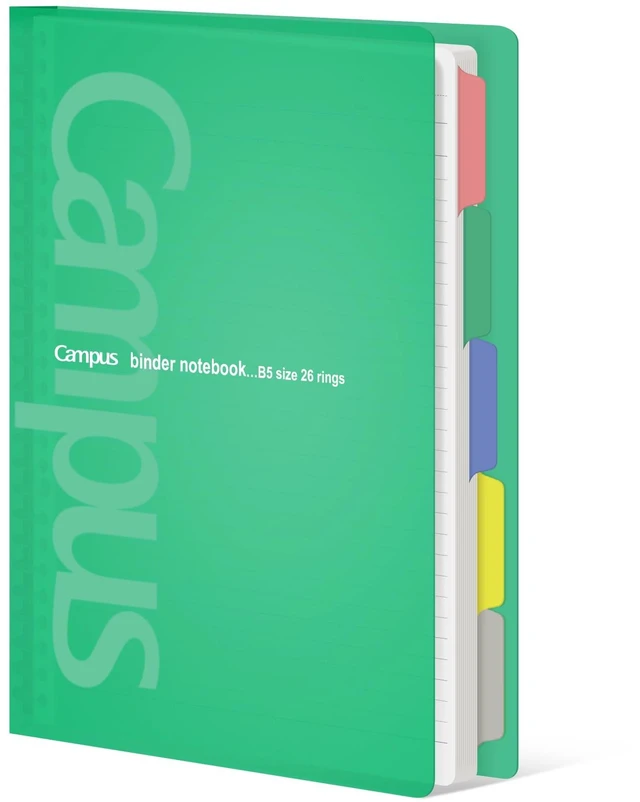Main image of 5 Subject Spiral Notebook, Campus B5 Refillable Journal with 5 Tab Dividers, 100 Sheets in 5mm Ruled Loose Leaf Paper, Green, Japan Import (RU-P333NG & NO-836C)