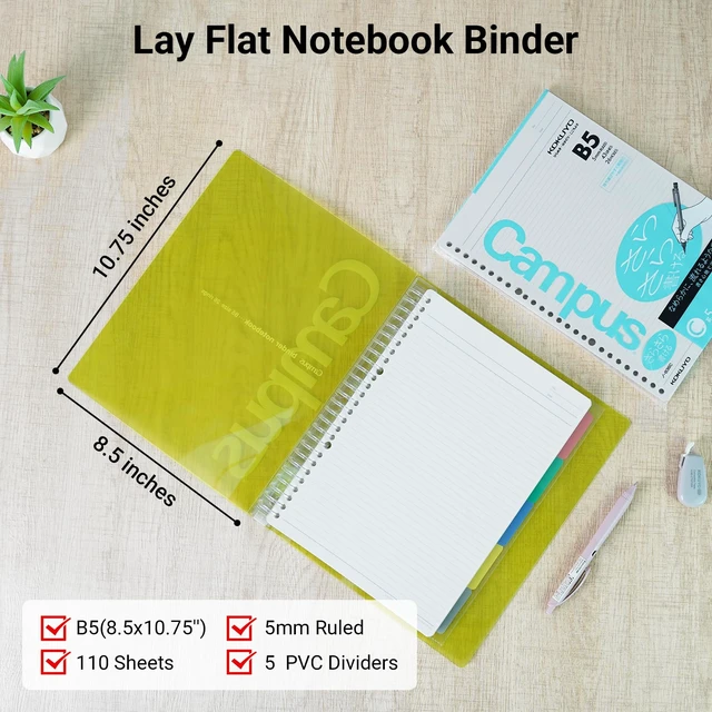 Alt view image 2 of 6 - 5 Subject Spiral Notebook, Campus B5 Refillable Journal with 5 Tab Dividers, 100 Sheets in 7mm Dotted Ruled Loose Leaf Paper, Black, Japan Import