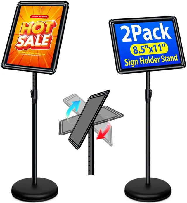 Main image of 2Pack 8.5x11 Sign Stand - Adjustable Floor Standing Sign Holder Pedestal Poster Stand, Adjustable Height, Vertical/Horizontal Snap-Open Frame, Business & Store Sign Holder Stand, Black