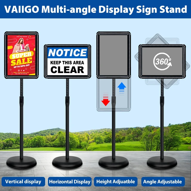 Alt view image 2 of 7 - 2Pack 8.5x11 Sign Stand - Adjustable Floor Standing Sign Holder Pedestal Poster Stand, Adjustable Height, Vertical/Horizontal Snap-Open Frame, Business & Store Sign Holder Stand, Black