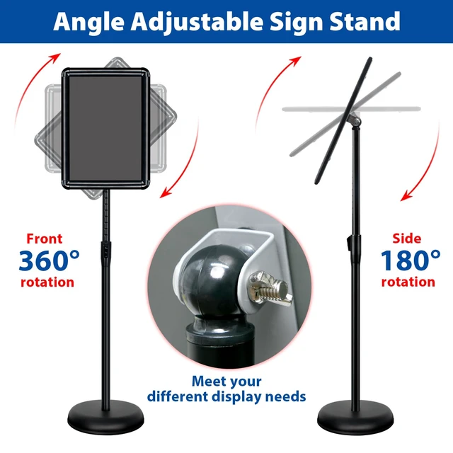 Alt view image 4 of 7 - 2Pack 8.5x11 Sign Stand - Adjustable Floor Standing Sign Holder Pedestal Poster Stand, Adjustable Height, Vertical/Horizontal Snap-Open Frame, Business & Store Sign Holder Stand, Black