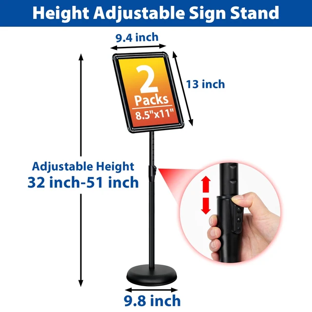 Alt view image 3 of 7 - 2Pack 8.5x11 Sign Stand - Adjustable Floor Standing Sign Holder Pedestal Poster Stand, Adjustable Height, Vertical/Horizontal Snap-Open Frame, Business & Store Sign Holder Stand, Black