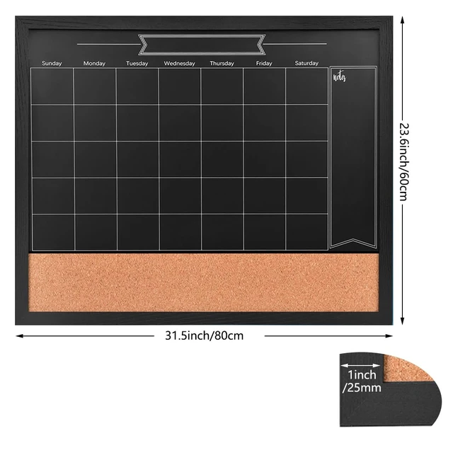 Alt view image 2 of 7 - Magnetic Chalkboard Calendar Corkboard,23.6" x 31.5"Combo Chalk Board,Black Large Combination Chalk Board & Bulletin Board,Blackboard Calendar Cork Combo Board,for School/Home/Cafe/Office