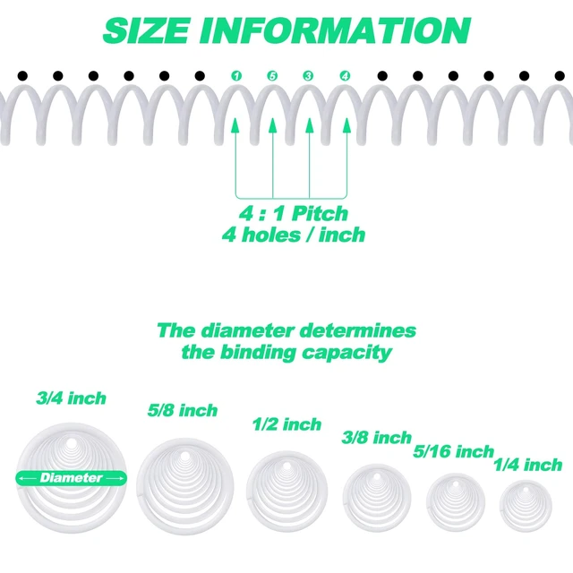 Alt view image 2 of 7 - 120 Pack Binder Coils,1/4 5/16 3/8 1/2 5/8 3/4 Inch,White Plastic Spiral Binding Coils for Documents, Reports, Notebooks, Compatible with Standard Binding Machines, Office Supplies