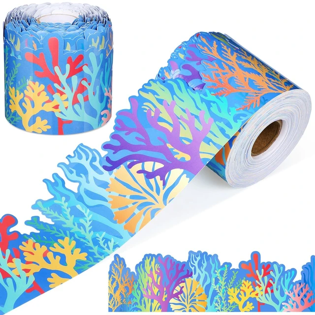 Main image of 65 Feet Ocean Coral Reef Bulletin Board Border Classroom Decoration Blue Under The Sea Border Trims Ocean Themed Rolled Paper Border for Back to School Wall Chalkboard Decor