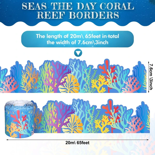 Alt view image 2 of 6 - 65 Feet Ocean Coral Reef Bulletin Board Border Classroom Decoration Blue Under The Sea Border Trims Ocean Themed Rolled Paper Border for Back to School Wall Chalkboard Decor