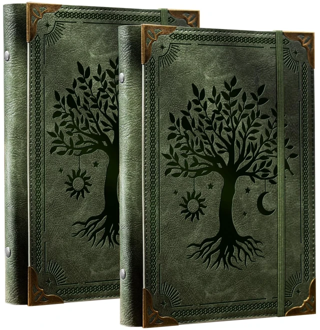 Main image of 2 Pack PU Leather A5 Binder 6 Ring Refillable Journal Cover No Refill Paper A5 Planner Binder Loose Leaf Binder for Notebook 5.7x8.3 with Elastic Closure, Green Tree