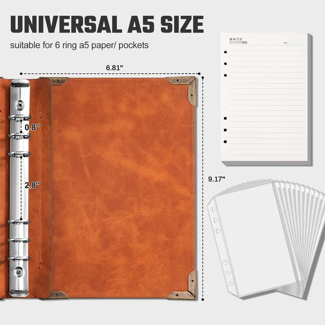 Alt view image 6 of 7 - 2 Pack PU Leather A5 Binder 6 Ring Refillable Journal Cover No Refill Paper A5 Planner Binder Loose Leaf Binder for Notebook 5.7x8.3 with Elastic Closure, Green Tree