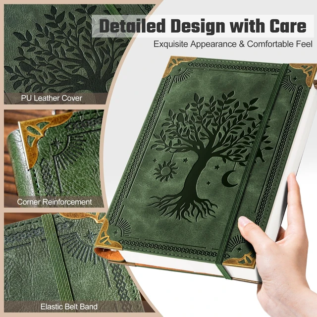 Alt view image 2 of 7 - 2 Pack PU Leather A5 Binder 6 Ring Refillable Journal Cover No Refill Paper A5 Planner Binder Loose Leaf Binder for Notebook 5.7x8.3 with Elastic Closure, Green Tree