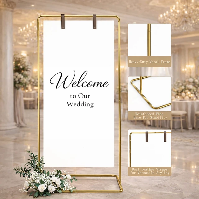 Alt view image 2 of 6 - Wedding Welcome Sign Stand, Adjustable Metal Wedding Sign Holder with 2 Leather Straps, 4 Ground Stakes & Carry Bag, Sturdy Powder-Coated Steel Display Stand for Wedding Signs & Seating Chart(Gold)