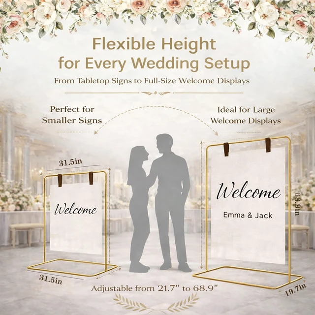 Alt view image 4 of 6 - Wedding Welcome Sign Stand, Adjustable Metal Wedding Sign Holder with 2 Leather Straps, 4 Ground Stakes & Carry Bag, Sturdy Powder-Coated Steel Display Stand for Wedding Signs & Seating Chart(Gold)