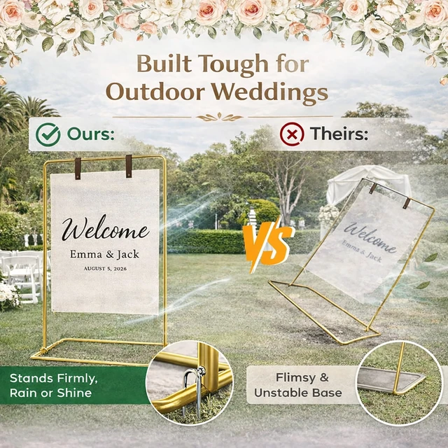 Alt view image 3 of 6 - Wedding Welcome Sign Stand, Adjustable Metal Wedding Sign Holder with 2 Leather Straps, 4 Ground Stakes & Carry Bag, Sturdy Powder-Coated Steel Display Stand for Wedding Signs & Seating Chart(Gold)
