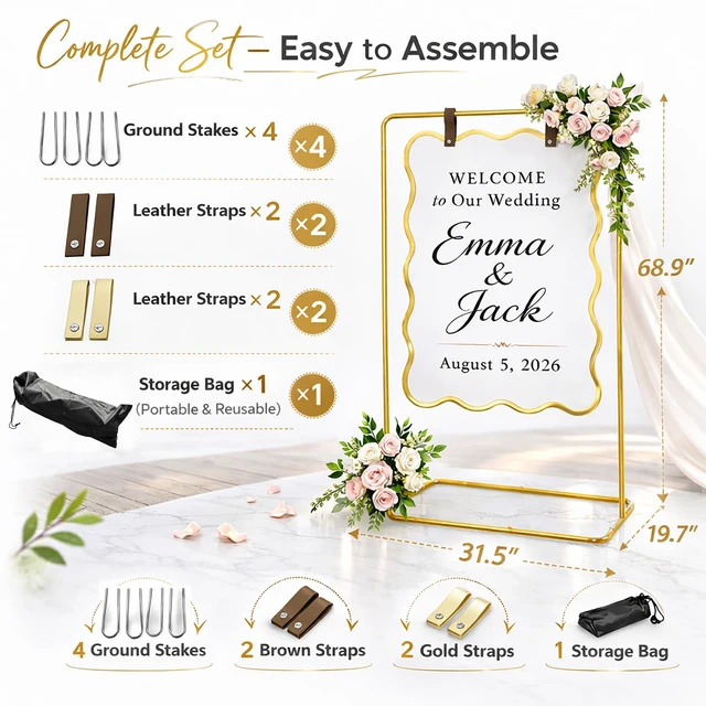 Alt view image 5 of 6 - Wedding Welcome Sign Stand, Adjustable Metal Wedding Sign Holder with 2 Leather Straps, 4 Ground Stakes & Carry Bag, Sturdy Powder-Coated Steel Display Stand for Wedding Signs & Seating Chart(Gold)