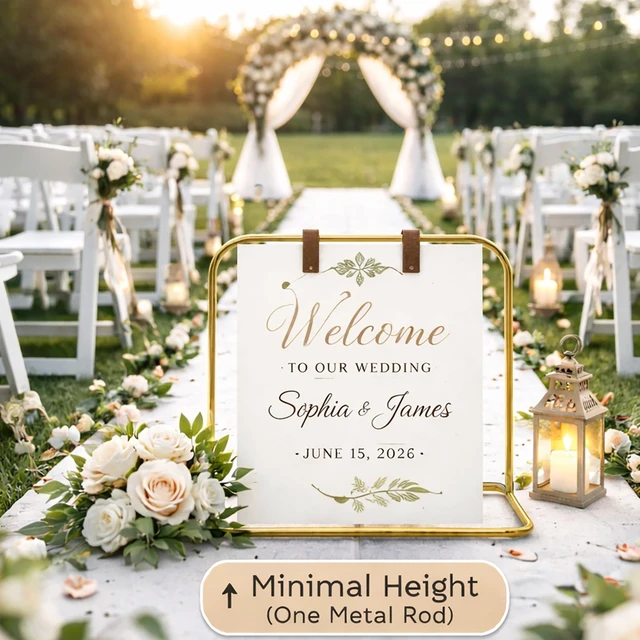 Alt view image 6 of 6 - Wedding Welcome Sign Stand, Adjustable Metal Wedding Sign Holder with 2 Leather Straps, 4 Ground Stakes & Carry Bag, Sturdy Powder-Coated Steel Display Stand for Wedding Signs & Seating Chart(Gold)