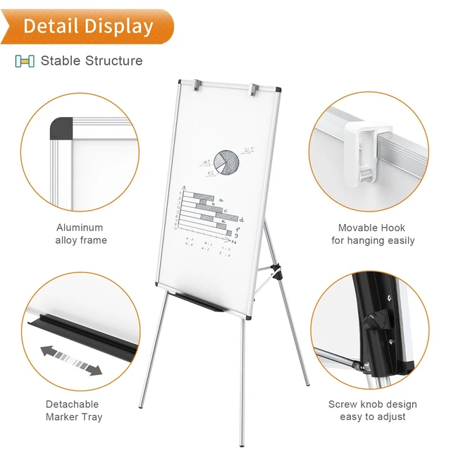 Alt view image 3 of 7 - Magnetic Easel Whiteboard, 36 x 24 Inches, Height Adjustable Stand 3' x 2' Portable Tripod Dry Erase Board with Flipchart Stand, Includes Marker Tray, for Office, Home and School