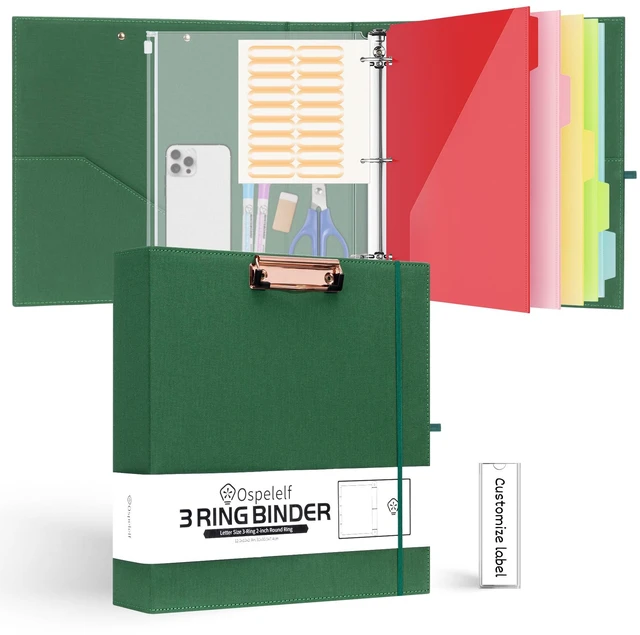 Main image of 2 Inch 3 Ring Binder Organizer with Zipper Pouch, Linen Storage Clipboards for Letter Size (11" x 8.5"), 5 Plastic Folders with 10 Pockets, Hardcover School Binder, Green