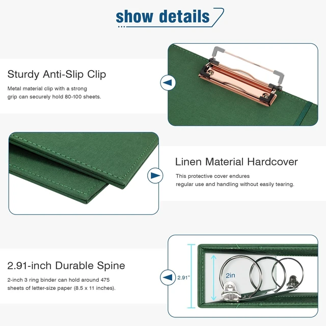 Alt view image 4 of 7 - 2 Inch 3 Ring Binder Organizer with Zipper Pouch, Linen Storage Clipboards for Letter Size (11" x 8.5"), 5 Plastic Folders with 10 Pockets, Hardcover School Binder, Green