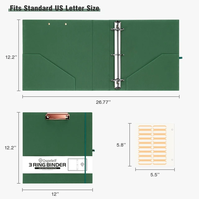Alt view image 6 of 7 - 2 Inch 3 Ring Binder Organizer with Zipper Pouch, Linen Storage Clipboards for Letter Size (11" x 8.5"), 5 Plastic Folders with 10 Pockets, Hardcover School Binder, Green