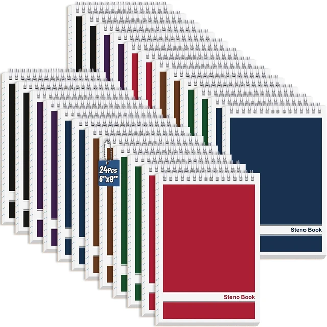 Main image of 24 Pack Steno Pads 6 x 9 in Spiral Top Notebook Bulk 6 Assorted Color Note Pad 60 Sheets Gregg Rule Writing Paper Steno Notebooks for Students Teachers Men Women Professionals Office School Recording