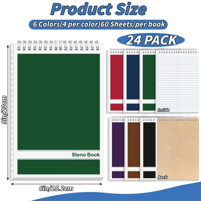 Alt view image 2 of 7 - 24 Pack Steno Pads 6 x 9 in Spiral Top Notebook Bulk 6 Assorted Color Note Pad 60 Sheets Gregg Rule Writing Paper Steno Notebooks for Students Teachers Men Women Professionals Office School Recording