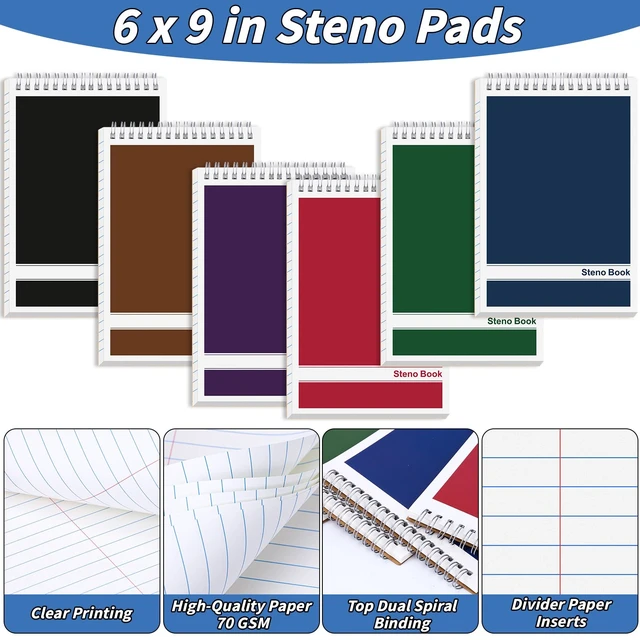Alt view image 3 of 7 - 24 Pack Steno Pads 6 x 9 in Spiral Top Notebook Bulk 6 Assorted Color Note Pad 60 Sheets Gregg Rule Writing Paper Steno Notebooks for Students Teachers Men Women Professionals Office School Recording