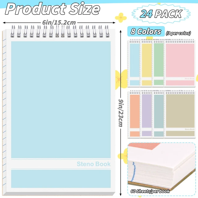 Alt view image 2 of 7 - 24 Pack Steno Pads 6 x 9 in Spiral Top Notebook Bulk 8 Assorted Color Note Pad 60 Sheets Gregg Rule Writing Paper Steno Notebooks for Students Teachers Men Women Professionals Office School Recording