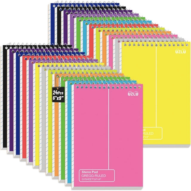 Main image of 24 Pack Steno Pads 6 x 9 in Spiral Top Notebook Bulk 12 Assorted Color Note Pad 60 Sheets Gregg Rule Writing Paper Steno Notebooks for Students Teachers Men Women Professionals Office School Recording