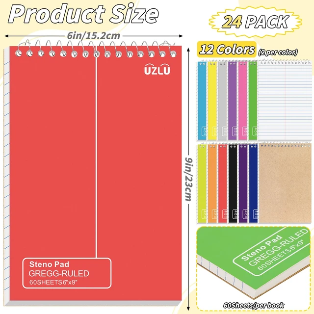 Alt view image 2 of 7 - 24 Pack Steno Pads 6 x 9 in Spiral Top Notebook Bulk 12 Assorted Color Note Pad 60 Sheets Gregg Rule Writing Paper Steno Notebooks for Students Teachers Men Women Professionals Office School Recording