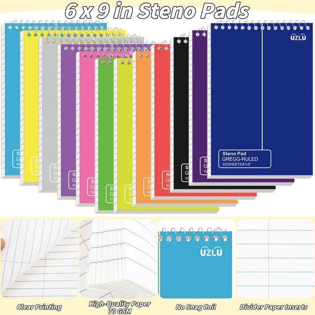 Alt view image 3 of 7 - 24 Pack Steno Pads 6 x 9 in Spiral Top Notebook Bulk 12 Assorted Color Note Pad 60 Sheets Gregg Rule Writing Paper Steno Notebooks for Students Teachers Men Women Professionals Office School Recording