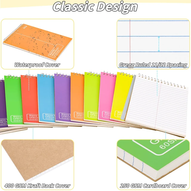 Alt view image 4 of 7 - 24 Pack Steno Pads 6 x 9 in Spiral Top Notebook Bulk 12 Assorted Color Note Pad 60 Sheets Gregg Rule Writing Paper Steno Notebooks for Students Teachers Men Women Professionals Office School Recording