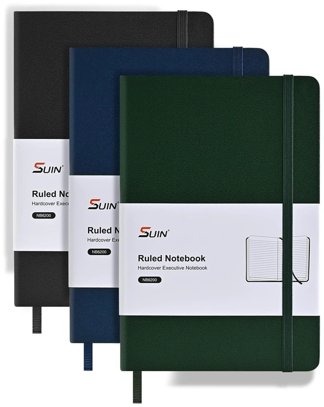 Main image of 3 Pack A5 Hardcover Lined Notebooks, 160 Pages, Black, Blue, Green Clean Full-Page Rules, Smooth 100 GSM Paper, Splash-Resistant Cover, Thread-Sewn Binding, Matching Ribbon, Elastic & Pocket