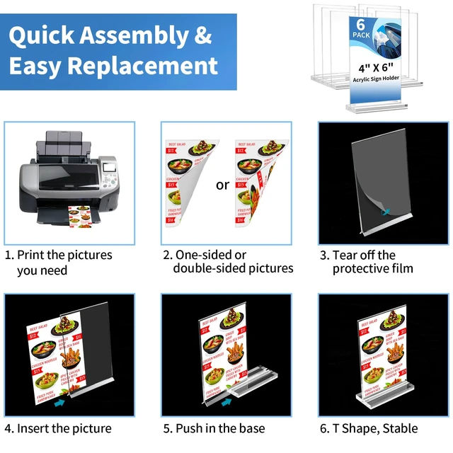 Alt view image 3 of 7 - Acrylic Sign Holders 4x6 Inch, 6 Pack Vertical Double Sided TableTop Signs Clear, Double-Sided Display, Stands Stably, Stand Firmly on Any Flat Surface for Restaurant Menus, Weddings