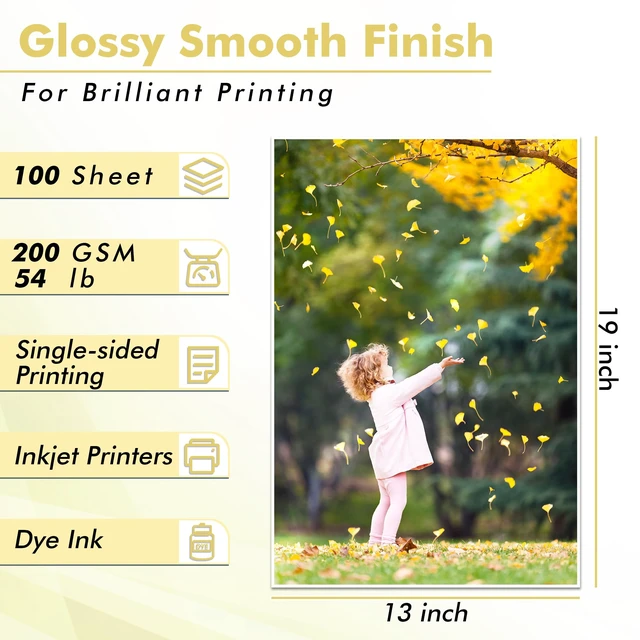 Alt view image 2 of 7 - Glossy Inkjet Photo Paper Thick 13X19 Inches 100 Sheets 54lb Picture Paper for Inkjet Printer Use Dye Ink for Family Photos 200gsm