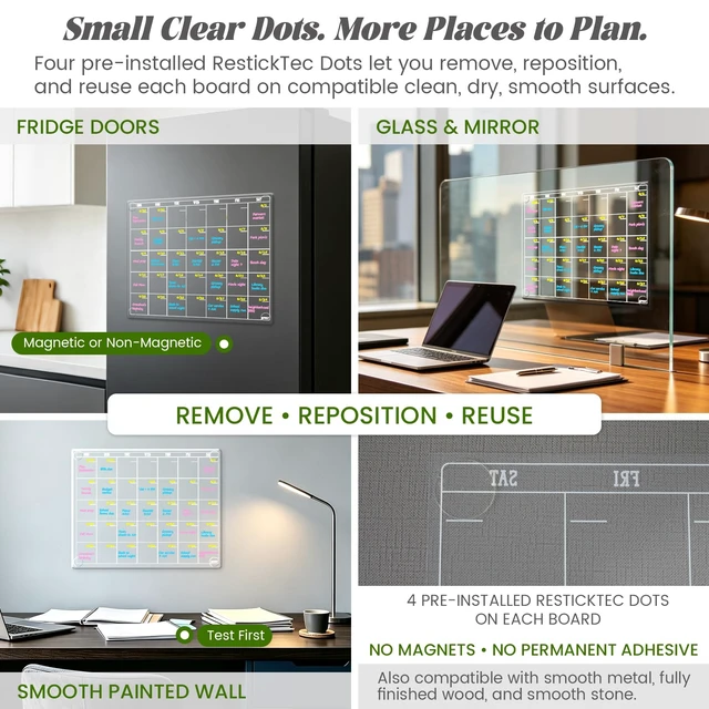 Alt view image 5 of 6 - Non Magnetic Dry Erase Calendar for Fridge-Reusable Monthly&Weekly Planning Board, List and Blank Board for All Smooth Surfaces. Clear Reusable Board Sticks to Fridge,Wall,Door&Glass