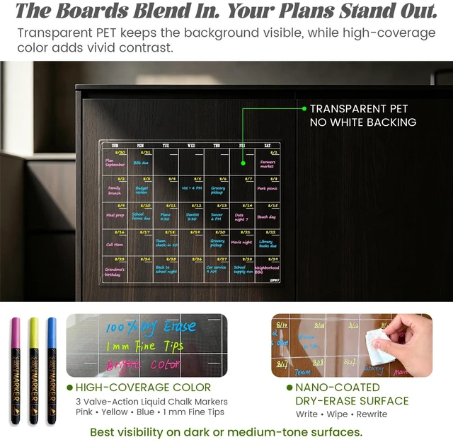 Alt view image 6 of 6 - Non-Magnetic Dry Erase Monthly Calendar for Fridge-Clear Monthly Calendar, Weekly Planner, List and Blank Board. Clear Reusable Calendar Stick to Fridge,Cabinet,Door&Glass