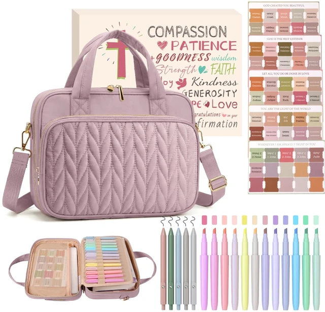 Main image of Bible Cover Case for Women, Large Bible Bag with Study Supplies Bible Journaling Kit with Highlighters No Bleed & 75 Tabs, Christian Bible Gift for Women Mom (Shoulder Strap, Dusky Rose)