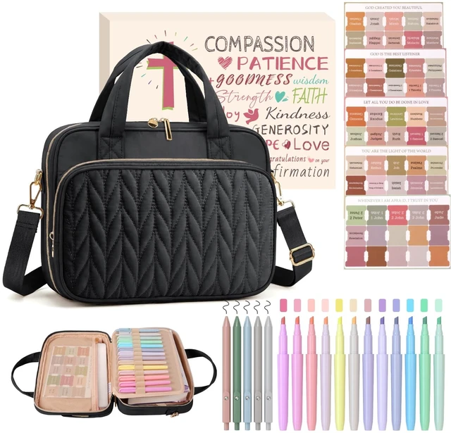 Main image of Bible Cover Case for Women, Large Bible Bag with Study Supplies Bible Carrying Case with Highlighters No Bleed & 75 Tabs, Christian Gift for Women Mom (Shoulder Strap, Black)