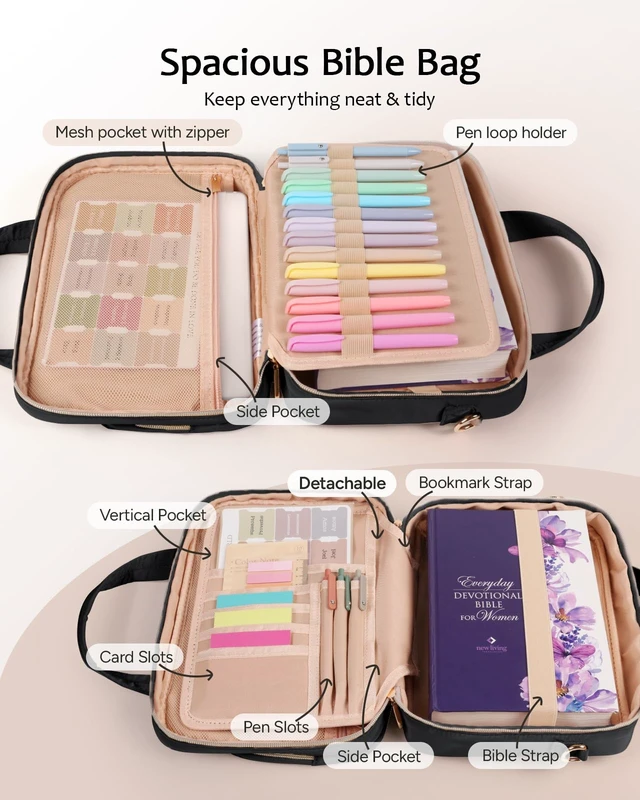 Alt view image 4 of 7 - Bible Cover Case for Women, Large Bible Bag with Study Supplies Bible Carrying Case with Highlighters No Bleed & 75 Tabs, Christian Gift for Women Mom (Shoulder Strap, Black)