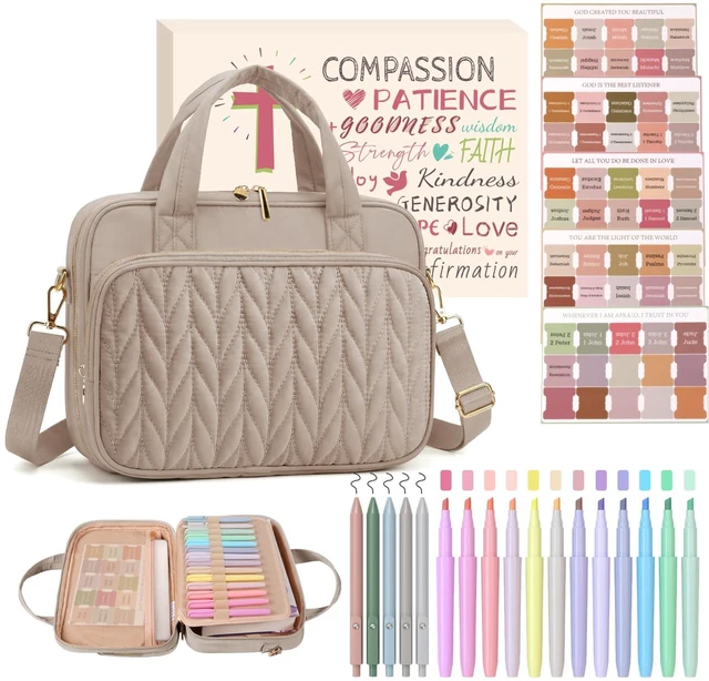 Main image of Bible Cover Case for Women, Large Bible Bag with Study Supplies Bible Journaling Kit with Highlighters No Bleed & 75 Tabs, Christian Bible Gift for Women Mom(Shoulder Strap, Smokey Taupe)