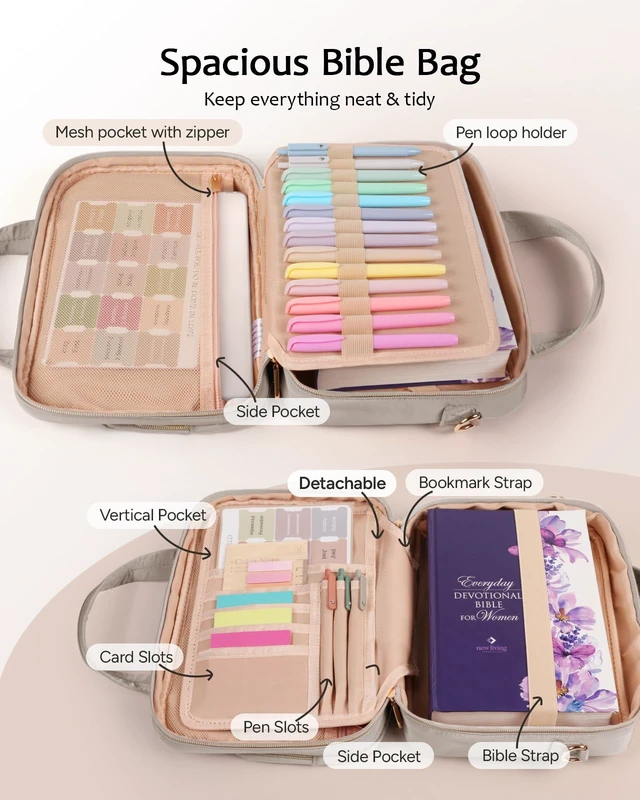 Alt view image 3 of 7 - Bible Cover Case for Women, Large Bible Bag with Study Supplies Bible Journaling Kit with Highlighters No Bleed & 75 Tabs, Christian Bible Gift for Women Mom(Shoulder Strap, Smokey Taupe)